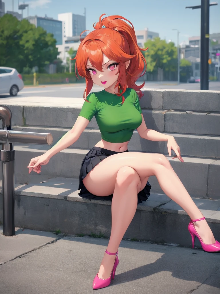  wide hips, thighs, Vicky, ponytail, lipstick, midriff, 1girl, green crop top, pink eyes, pleated mini skirt, orange hair ,solo girl, sitting, crossing legs, high heels