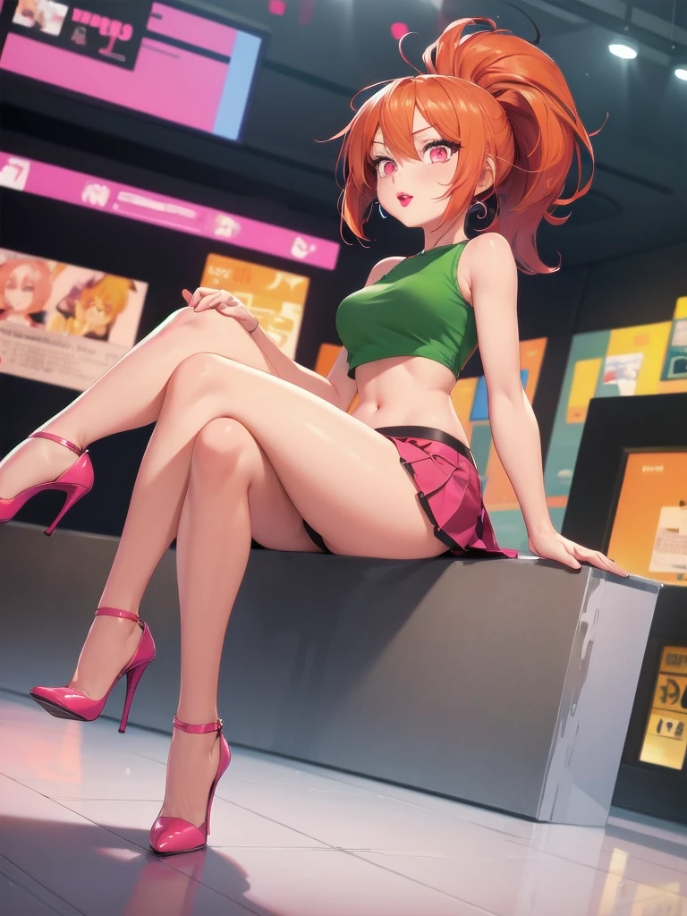  wide hips, thighs, Vicky, ponytail, lipstick, midriff, 1girl, green crop top, pink eyes, pleated mini skirt, orange hair ,solo girl, sitting, crossing legs, high heels