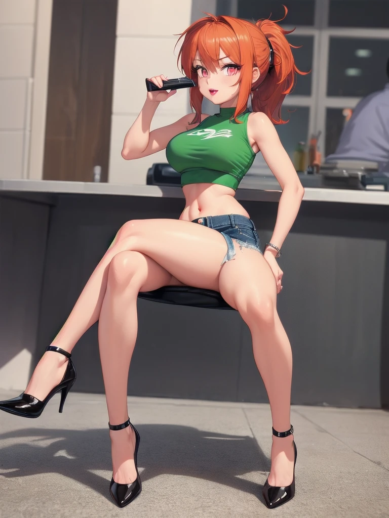  wide hips, thighs, Vicky, ponytail, lipstick, midriff, 1girl, green crop top, pink eyes, micro short denim, orange hair ,solo girl, sitting, crossing legs high heels