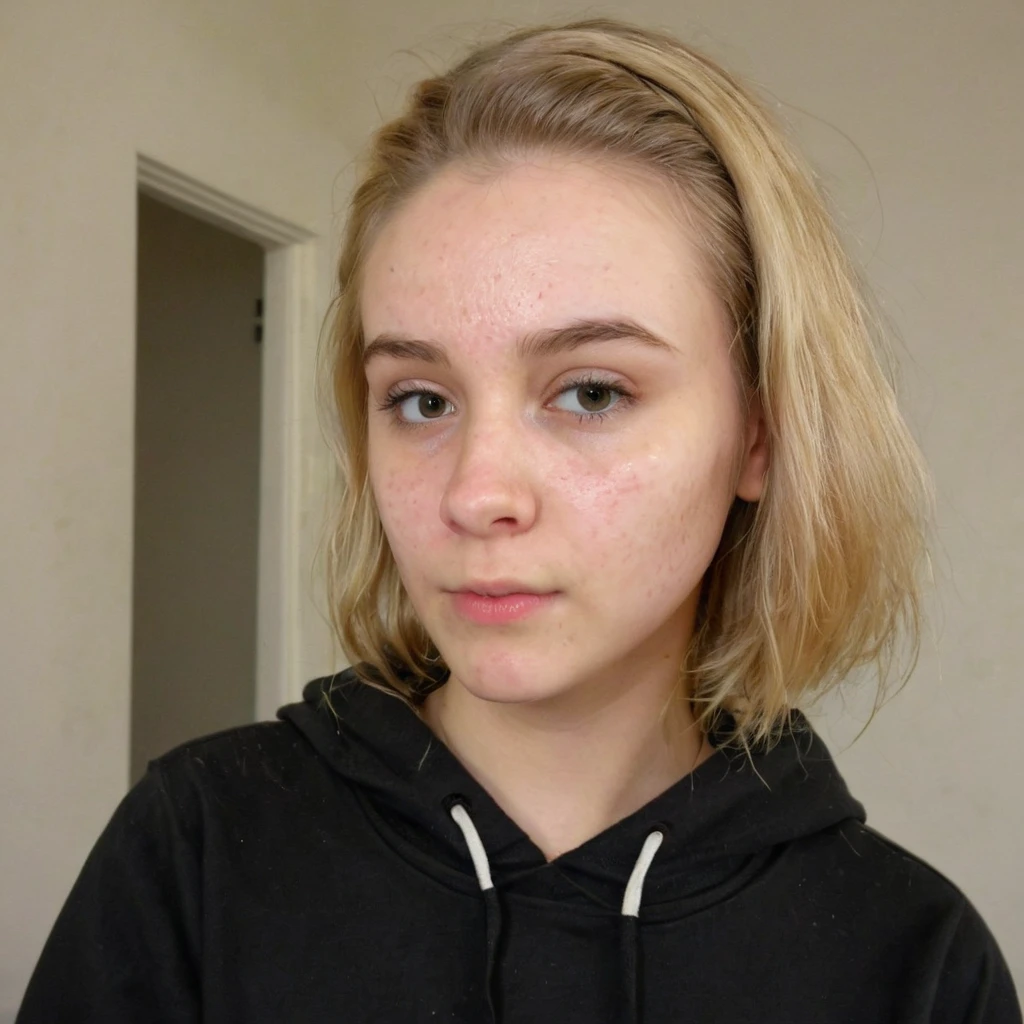 front view, selfie picture of a blonde girl in her 20s, emotionless, wearing black hoodie, portrait photo, Detailed natural skin and blemishes without-makeup and acne