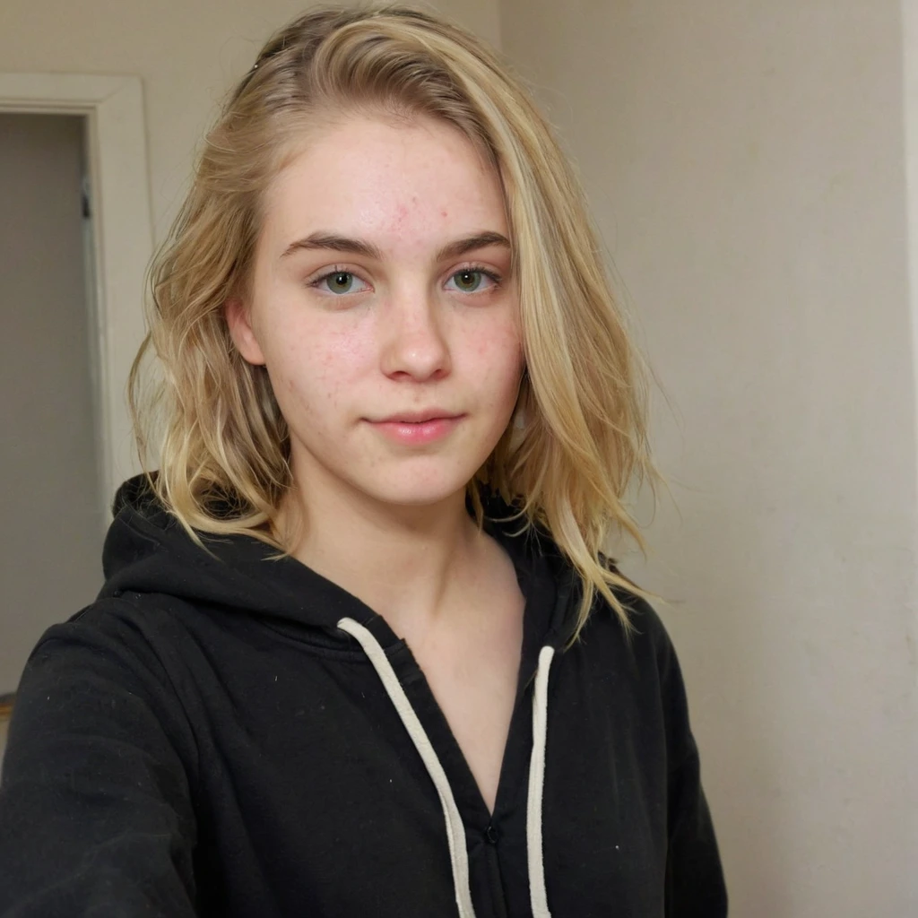 front view, selfie picture of a blonde girl in her 20s, emotionless, wearing black hoodie, portrait photo, Detailed natural skin and blemishes without-makeup and acne