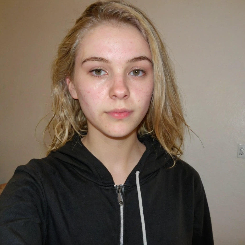 front view, selfie picture of a blonde girl in her 20s, emotionless, wearing black hoodie, portrait photo, Detailed natural skin and acne