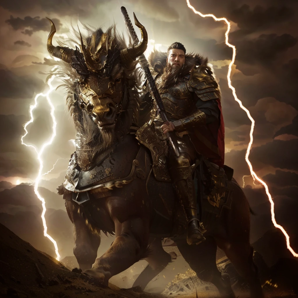 there is a man riding a qilin, Chinese warrior, lightning background, armour, gold luxurious armour, 3 eyes