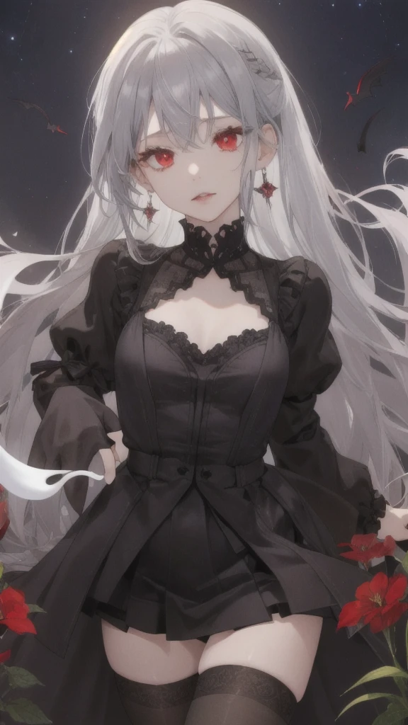 (Highest quality,Very detailed,High resolution:1.2),One Girl,Gray Hair,The most beautiful girl in human history,暗い red eyes (暗いred eyes:1.1),さみし気な aura(aura:1.1),(mysterious,Ghostly:1.1) atmosphere,Looks like half a demon,(Demonic traits,Demonic traits),(Elaborate,wonderful) Earrings,E cup breasts,Small Ass,Elongated beautiful legs、Black long coat、Gothic Lolita style clothing、Black Stockings,girdle,mini skirt,Red camisole,Medium-long hair,A big full moon shines in the dark night sky、Dirty body、Clear eyes、Cross-eyed