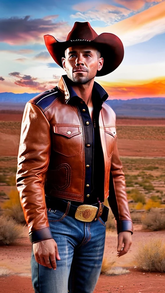 a cowboy in the wild west, photorealistic, cinematic lighting, dramatic composition, highly detailed facial features, rugged cowboy hat, leather jacket, jeans, cowboy boots, lasso, horse in the background, desert landscape, dramatic sky, sunset colors, volumetric lighting, hyper-realistic, 8k, (best quality:1.2),(photorealistic:1.37)