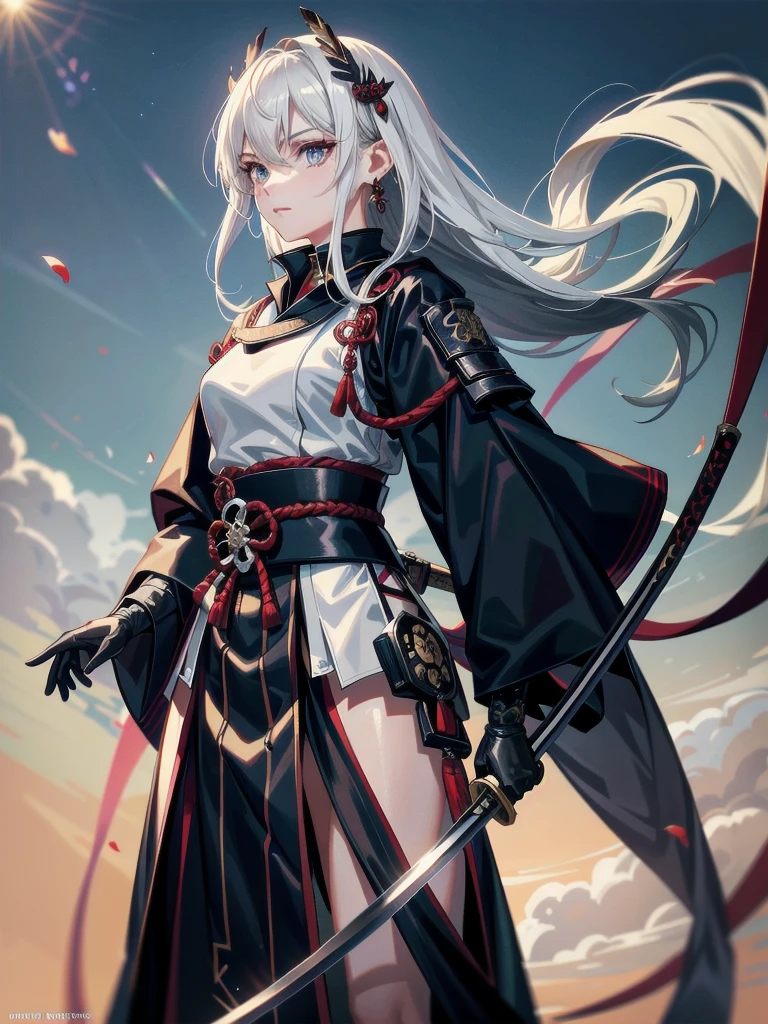 whole body, (long jacket), long katana, absurdres, RAW photo, extremely delicate and beautiful, masterpiece, Best Quality, ultra high resolution, 32k, hyperrealistic, ultra-detailed, detailed beautiful face and eyes, tearful mole, earring, short medium hair, wavy hair, Very detailed CG 8k wallpaper, Ruins, inner sailor school_uniform, samurai,