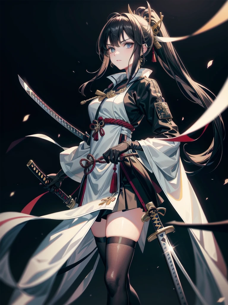 (Perfect ???????)、Mastepiece、Ultra High Quality、 8K、Photorealistic、masterpiece、Highest quality、Ultra-high resolution、Maximum resolution、Very detailed、Professional Lighting、anime、Adult female、thin、so beautiful、samurai、Light clothing、armor、kimono、Pauldrons、Black Hair、Red Eye、High leg、Knee-high socks、Equipped with a sword、両手にEquipped with a sword、Two-Way、ponytail、Hold the sword、Action pose、Quick Movement、Swinging Down the Sword、Flowing Hair,、Intense expression、Intense battle scenes