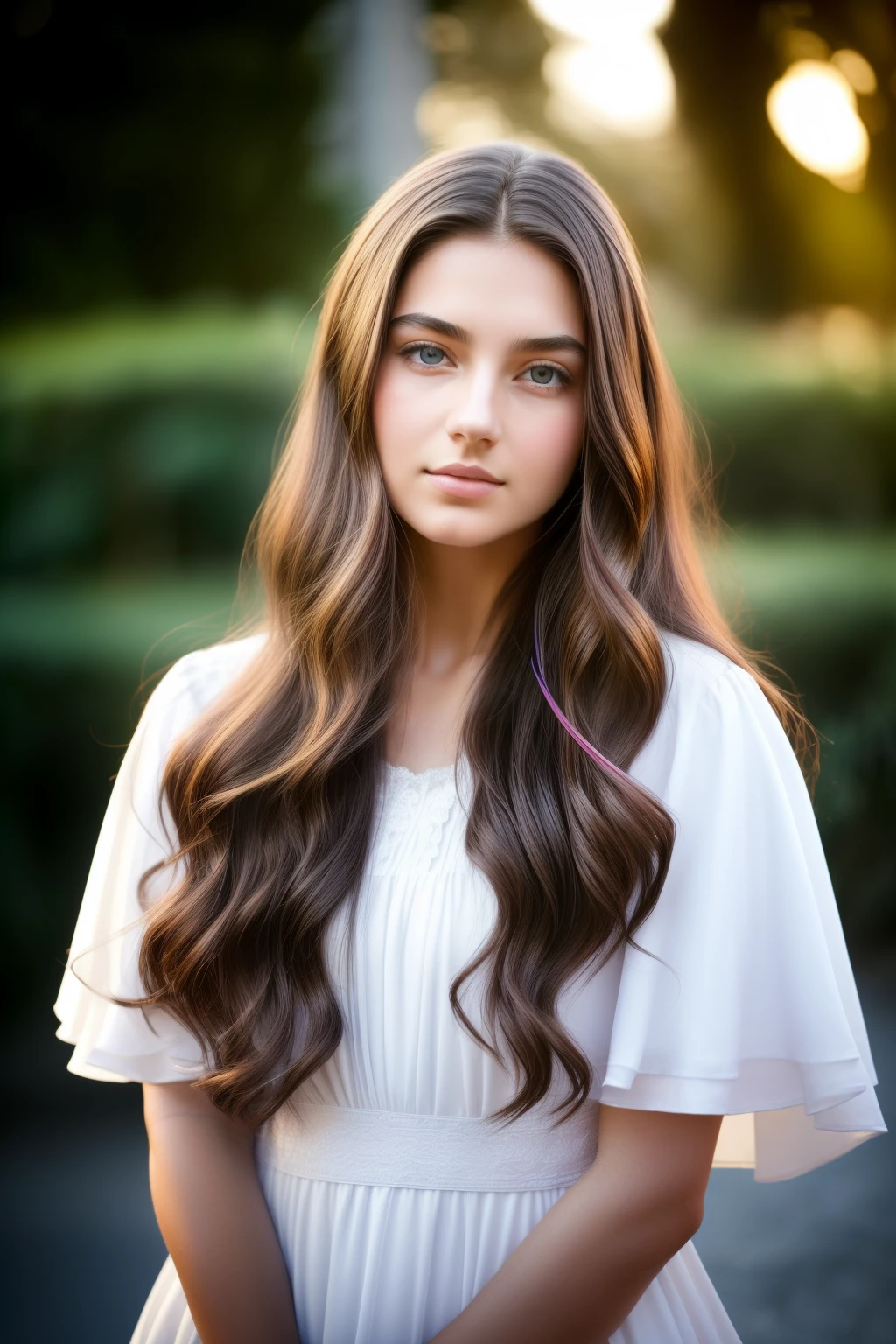 A 21-year-old devout woman, ((holy)), ((Catholic)), ((Sharp flesh)), long chestnut-brown hair with a side part, ((Dark brown hair)), ((subtly wavy)), ((delicate eyebrows)), ((deep blue eye)), ((pink face)), ((deep white dress)), ((silk apostle)), ((rubbing on the lips)), ((photo taken at the Sanctuary of Our Lady of Guadalupe)), ((subtle light portrait)), ((Very detailed)), ((top quality)),