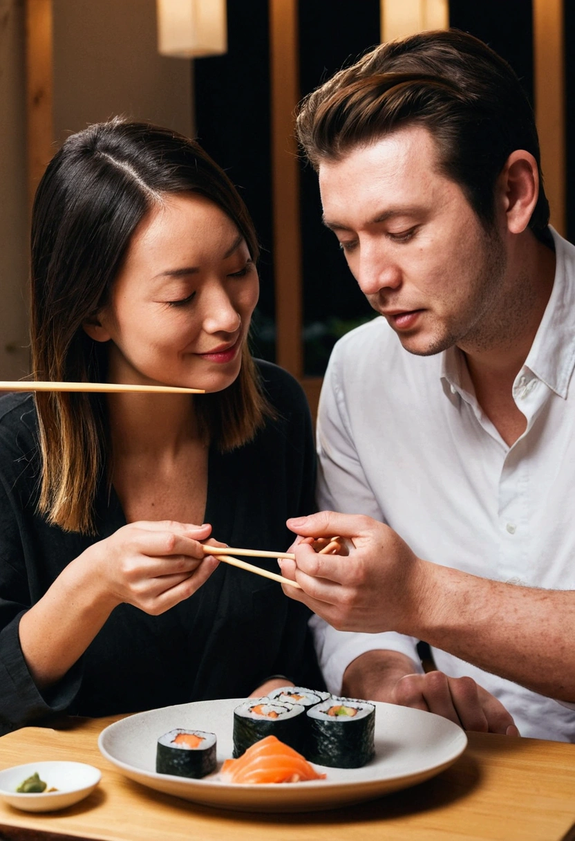 A couple out at dinner eating sushi. The guy is feeding her the sushi with chopsticks.