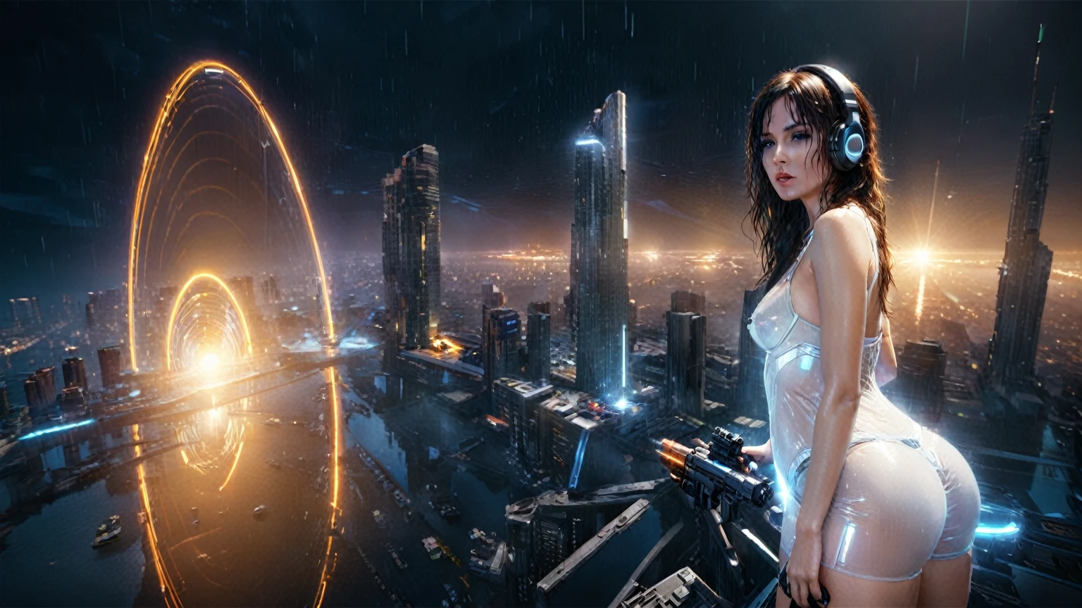 (((aerial view))), Blade Runner style futuristic holographic space station platform, neon lights, rainy night. (1girl, solo, alone), large-breast:1.2 slim body, cleavage:1.1, sexy laced lingerie with wet jacket, headphone, (black sunglasses), (((she raised a pistol:1.8 and shot:1.8 the viewer))), dynamic pose, (((half-body thigh level medium shot))), cinematic lighting, lens flare, ray tracing, blurred:1.4 background.