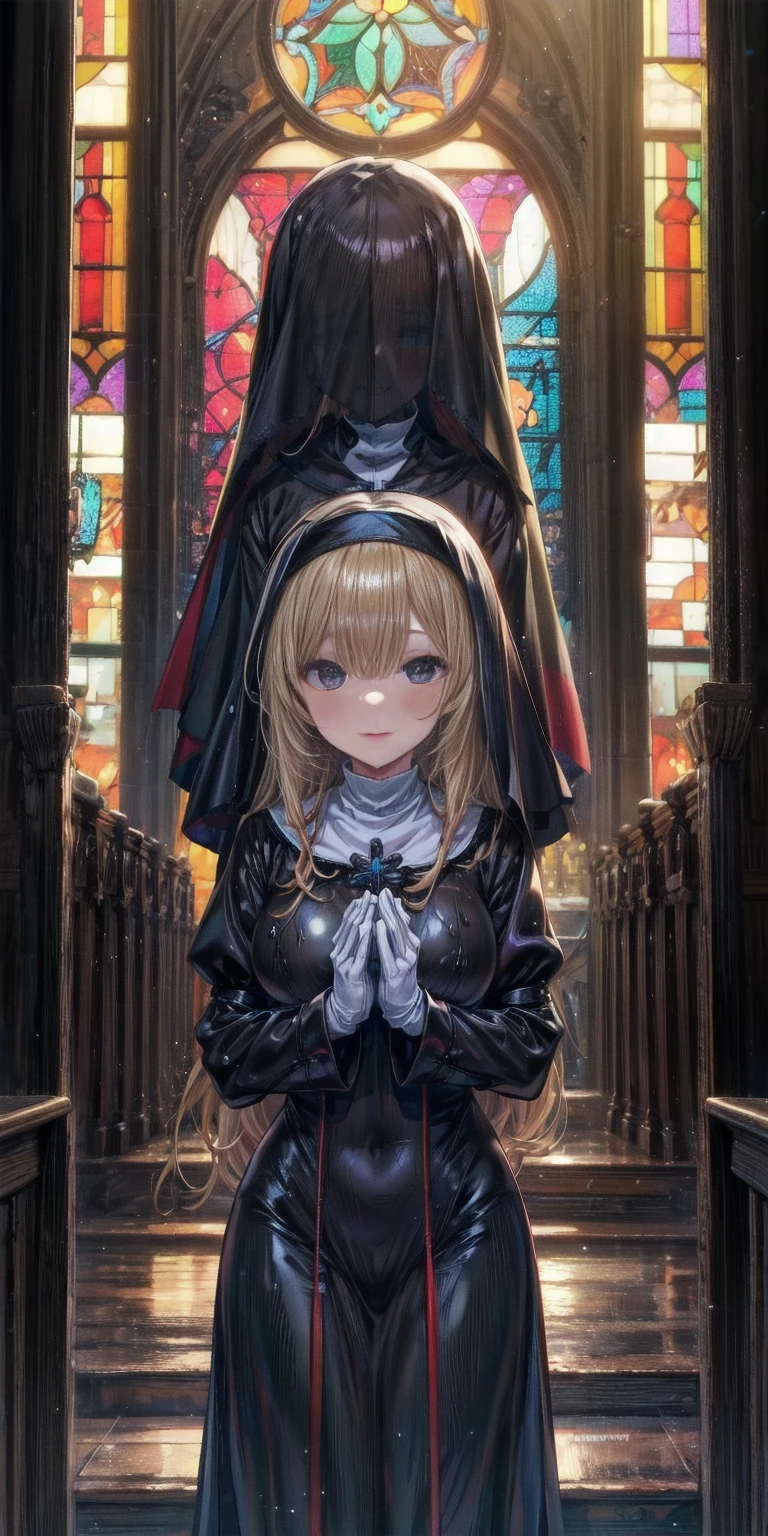 Praying with hands folded Rubber puff sleeve Golden Rosary Interior background of the church Stained glass sunset Orange Room anime Vinyl Sister Black Veil Nuns Shiny black sister outfits Blonde long hair Extra long black rubber gloves cute Pathetic clear Droopy eyes I'worry Open your mouth slightly and smile Shocking Pink Rouge Shiny black rubber riding suit Wet lips The costume is shiny with lotion Embarrassing Blushing Embarrassing Big breasts that will tear your clothes Very large breasts Extremely distended breasts Huge breast swelling Looking into the camera university student Year: 20 Illustrated style anime風 beautiful girl Cheeks pink Blonde long hair super curly hair Super long sideburns Black rubber long socks that reach down to the crotch