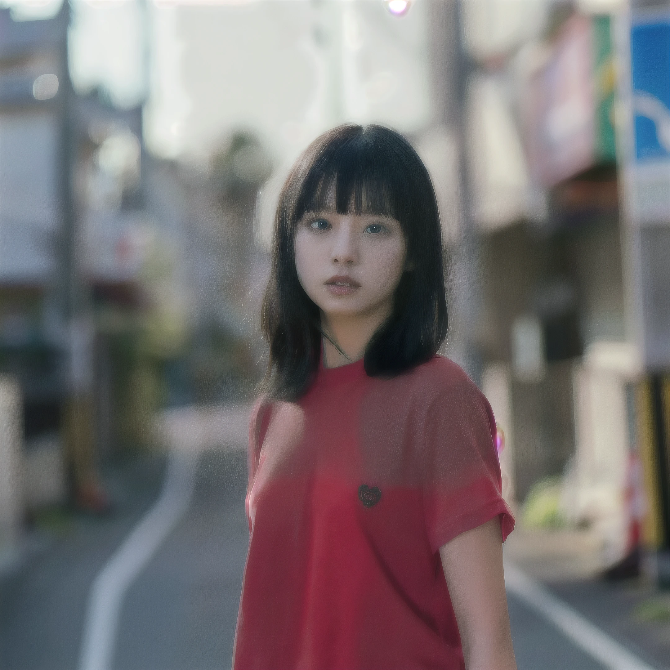 color unsharp masking quality. (A young Japanese woman as extreme small as earthquake). thick outline. blurry photo. color slide film. 1958.
