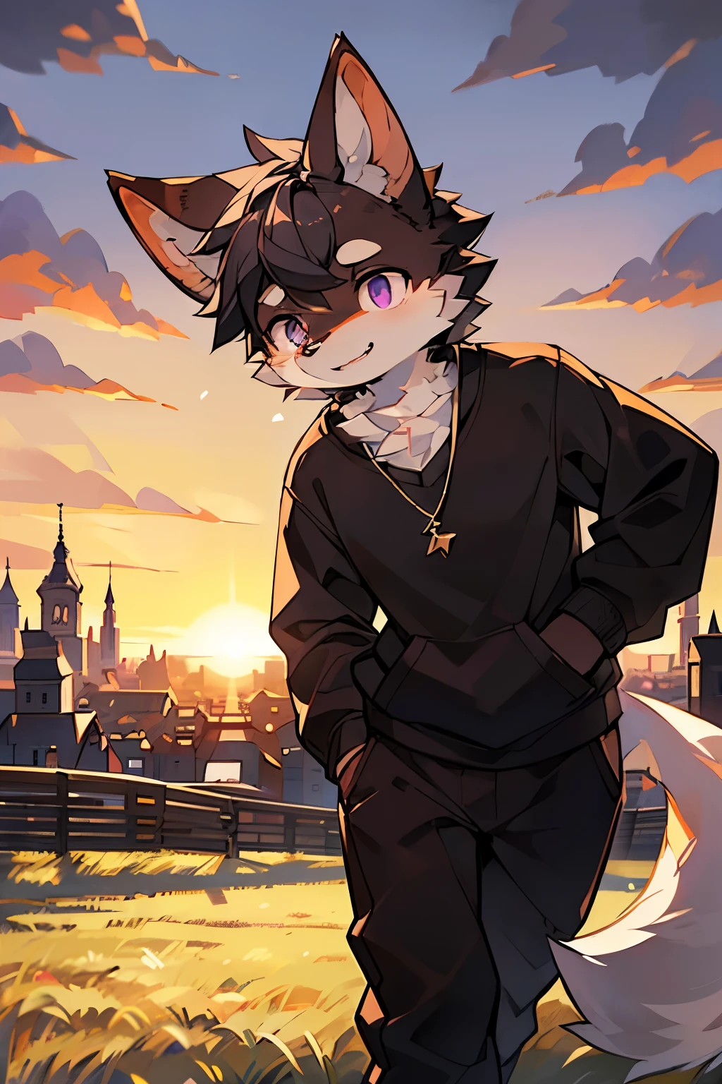 Exquisite lines,best quality。male,18 years old,(Brown fur), Wearing a necklace,Bustling city background,Dog furry character,(Purple pupils),Lively,(Dog Paw:1.1),(Fluffy dog tail:1.15), (permanent:1.3), (Beast field:1.2), (sunrise:1.23), (Black sweatshirt and trousers), (lookingside:1.2), (front view),(Delicate eyes), (external:1.35), (Dark Shadows, Wide dynamic range, HDR, Low light:1.2)