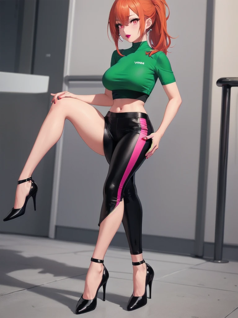  wide hips, thighs, Vicky, ponytail, lipstick, midriff, 1girl, green crop top, pink eyes, black pants, orange hair ,solo girl, sitting, crossing legs high heels