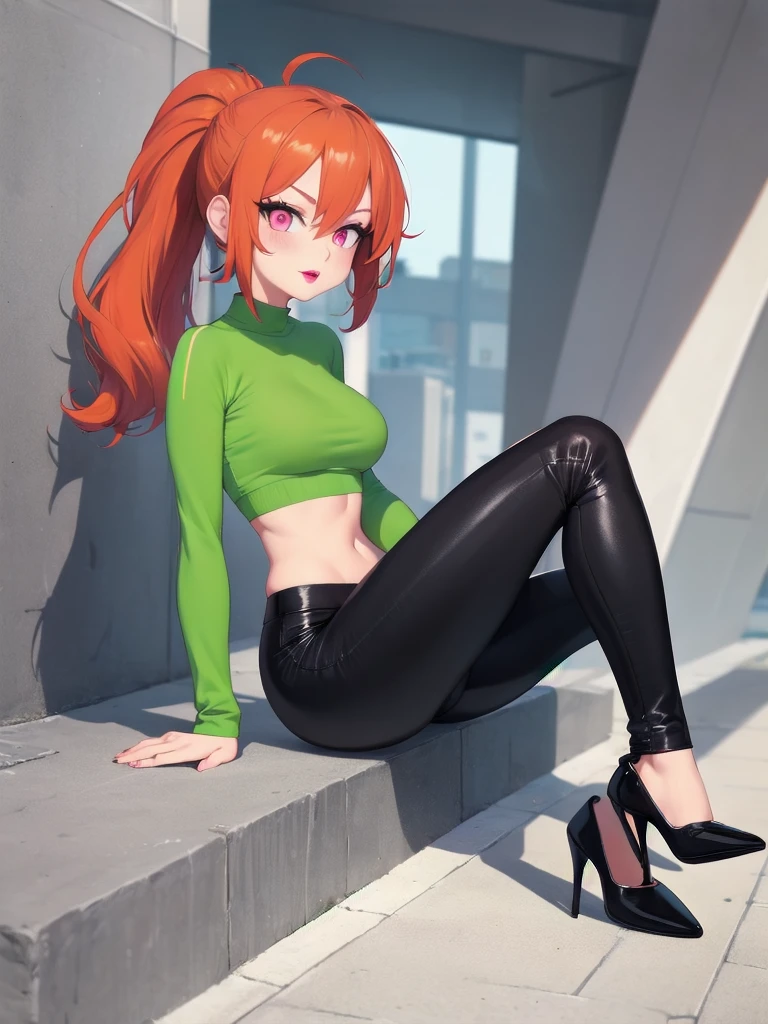  wide hips, thighs, Vicky, ponytail, lipstick, midriff, 1girl, green crop top, pink eyes, black pants, orange hair ,solo girl, sitting, crossing legs high heels