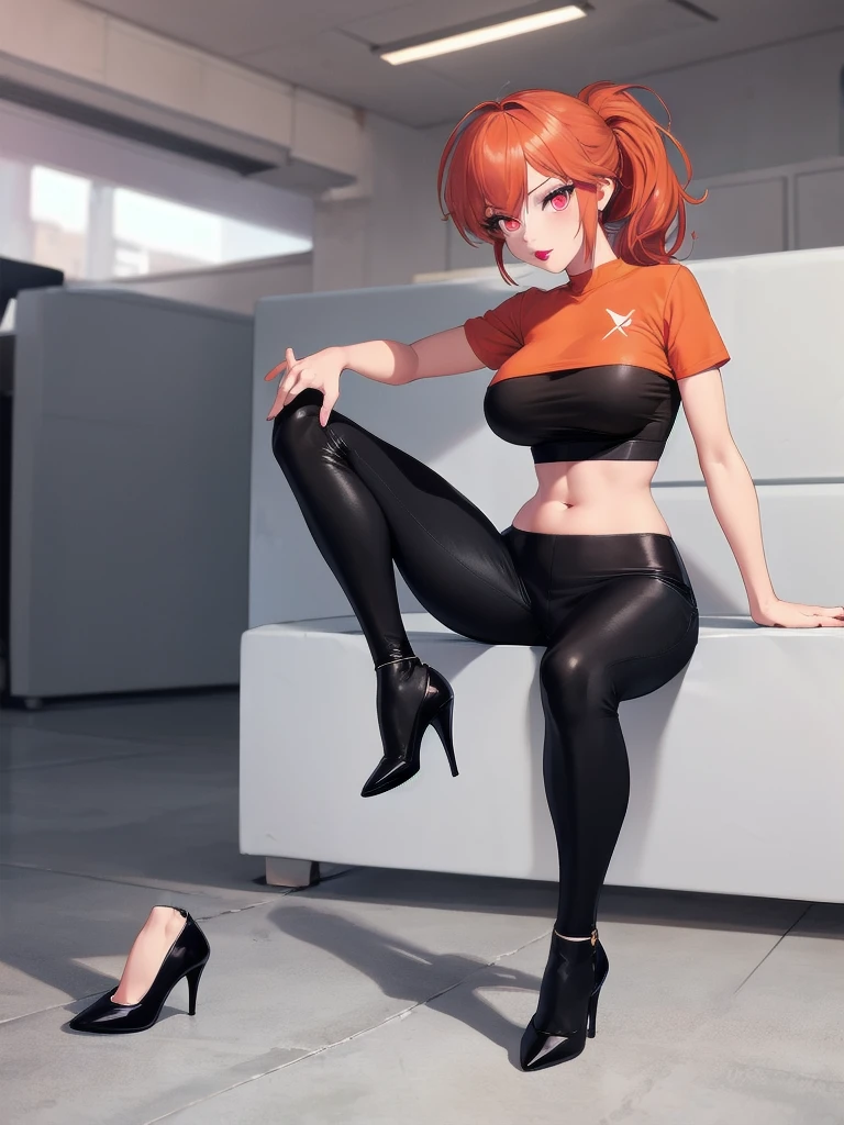  wide hips, thighs, Vicky, ponytail, lipstick, midriff, 1girl, green crop top, pink eyes, black pants, orange hair ,solo girl, sitting, crossing legs high heels