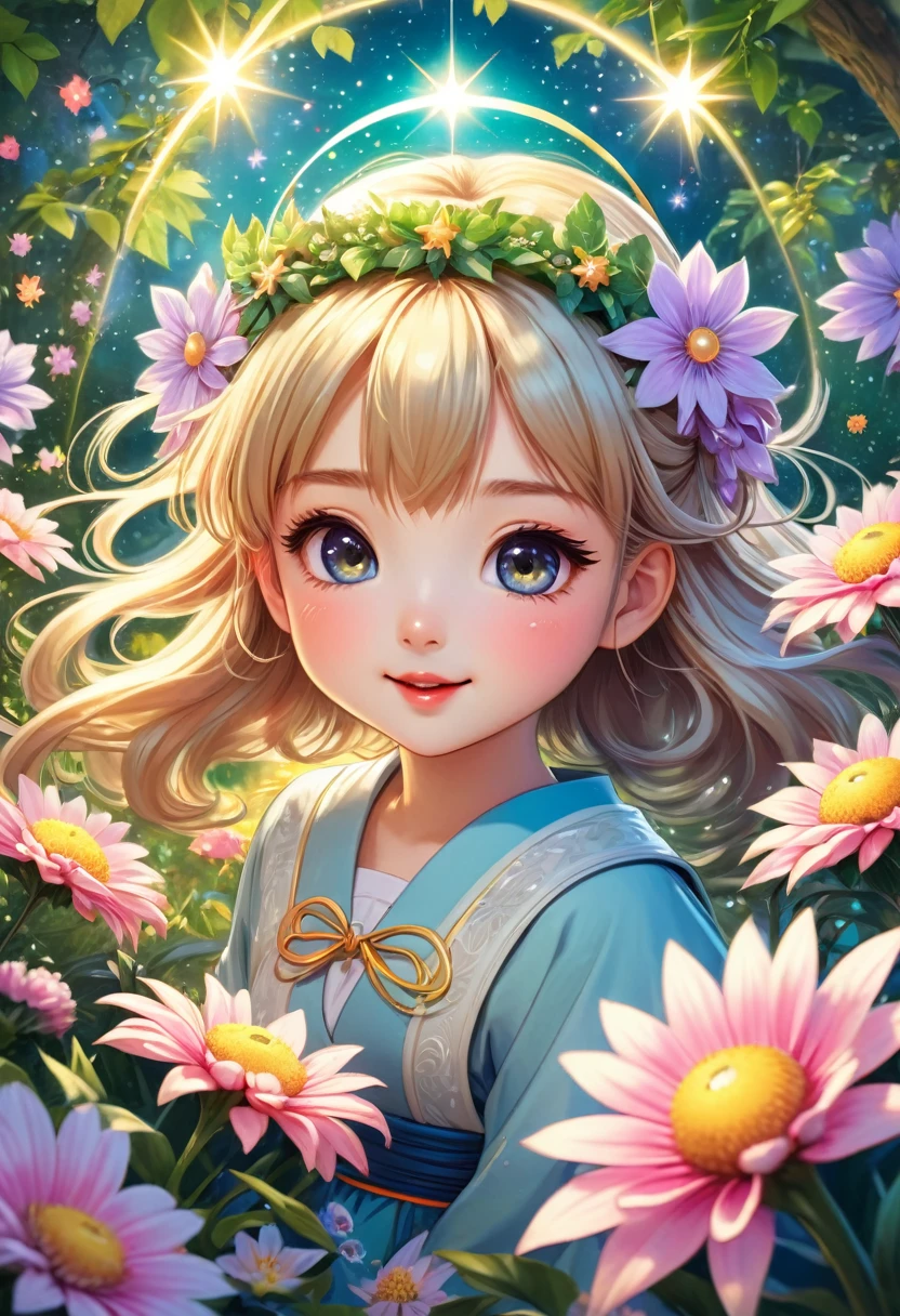 1 Girl, Japanese cartoons, 90s cartoons, Lovely, Kawaii, Chibi style, Soft colors, rich and colorful, Energetic, Soft lighting, detailed, fantasy, magic, Fantastic, Moe, beautiful detailed eyes, beautiful detailed lips, extremely detailed face, Long eyelashes, Dynamic poses, Fun, Joyful expression, Glowing Halo, detailed background, Dense foliage, Floating flowers, Shining Star, Like a dream, number, masterpiece, best quality, 8K, Surrealism, Reality