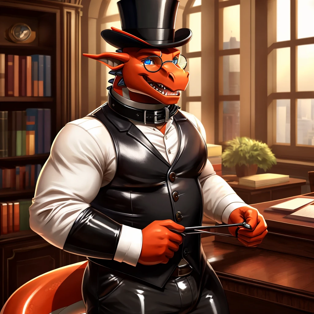 Solo, Male, fat, extremely obese, gentleman, dapper Professor Dragon, blue eyes, (posing:1.3), (soft shading), 4k, hi res, ((detailed face, detailed)), looking at viewer, mouth wide open, steampunk, dapper clothing, collared shirt with buttons, top hat, male focus, Explorer Outfit, glasses, monocle, vest with buttons, sleeves rolled up, round eyewear, brown headwear, brown vest, office, Dragon is wearing a glossy leather dog collar around the neck, Dragon is wearing the leather collar and shirt and vest at the same time, Dragon is wearing glossy white rubber gloves on the hands, wearing white rubber gloves on the feet, gloves are rubber in texture, clenching teeth, clenching fists, leather collar is glossy and shiny with a lot of detail, Dragon is wearing gloves and leather collar at the same time, leather collar has a round dog-tag, leather collar is thick and detailed, leather collar is glossy and shiny, fancy clothing, dapper vest, dapper shirt, leather collar is thick, glossy leather collar, Dragon is getting dressed in his dapper vest putting on his dapper leather collar.