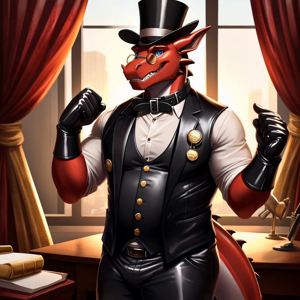 Solo, Male, fat, extremely obese, gentleman, dapper Professor Dragon, blue eyes, (posing:1.3), (soft shading), 4k, hi res, ((detailed face, detailed)), looking at viewer, mouth wide open, steampunk, dapper clothing, collared shirt with buttons, top hat, male focus, Explorer Outfit, glasses, monocle, vest with buttons, sleeves rolled up, round eyewear, brown headwear, brown vest, office, Dragon is wearing a glossy leather dog collar around the neck, Dragon is wearing the leather collar and shirt and vest at the same time, Dragon is wearing glossy white rubber gloves on the hands, wearing white rubber gloves on the feet, gloves are rubber in texture, clenching teeth, clenching fists, leather collar is glossy and shiny with a lot of detail, Dragon is wearing gloves and leather collar at the same time, leather collar has a round dog-tag, leather collar is thick and detailed, leather collar is glossy and shiny, fancy clothing, dapper vest, dapper shirt, leather collar is thick, glossy leather collar, Dragon is getting dressed in his dapper vest putting on his dapper leather collar.