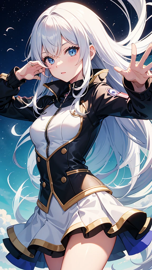 anime, cute, girl, concept art(2), vtuber model, teen, silver hair, long hair, blue eyes, whale jacket