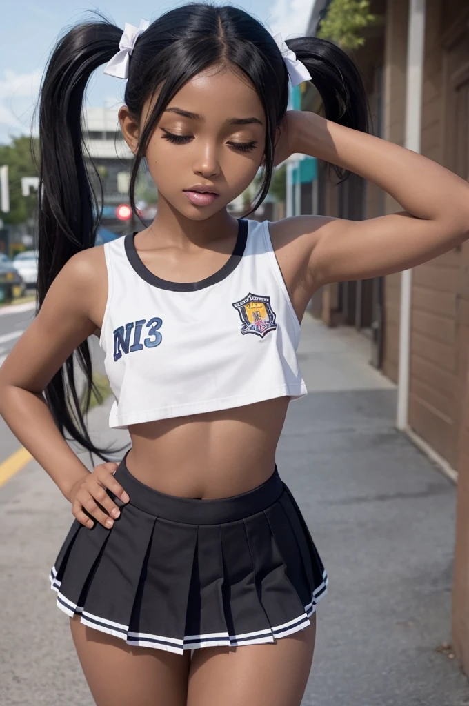 1 hot girl, dark skin, black eyes, ahegao, african, Twin tails, school girl, young teen, small breasts, navel, exposing clothes, cheerleader, hand behind head, tight body, big lips, skirt up, eyes closed