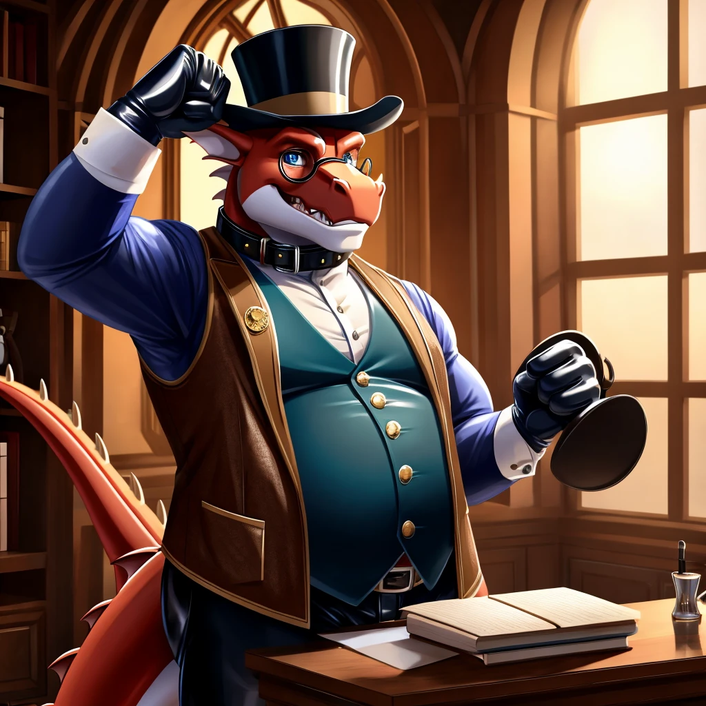 Solo, Male, fat, extremely obese, gentleman, dapper Professor Dragon, blue eyes, (posing:1.3), (soft shading), 4k, hi res, ((detailed face, detailed)), looking at viewer, mouth wide open, steampunk, dapper clothing, collared shirt with buttons, top hat, male focus, Explorer Outfit, glasses, monocle, vest with buttons, sleeves rolled up, round eyewear, brown headwear, brown vest, office, Dragon is wearing a glossy leather dog collar around the neck, Dragon is wearing the leather collar and shirt and vest at the same time, Dragon is wearing glossy white rubber gloves on the hands, wearing white rubber gloves on the feet, gloves are rubber in texture, clenching teeth, clenching fists, leather collar is glossy and shiny with a lot of detail, Dragon is wearing gloves and leather collar at the same time, leather collar has a round dog-tag, leather collar is thick and detailed, leather collar is glossy and shiny, fancy clothing, dapper vest, dapper shirt, leather collar is thick, glossy leather collar, Dragon is getting dressed in his dapper vest putting on his dapper leather collar.
