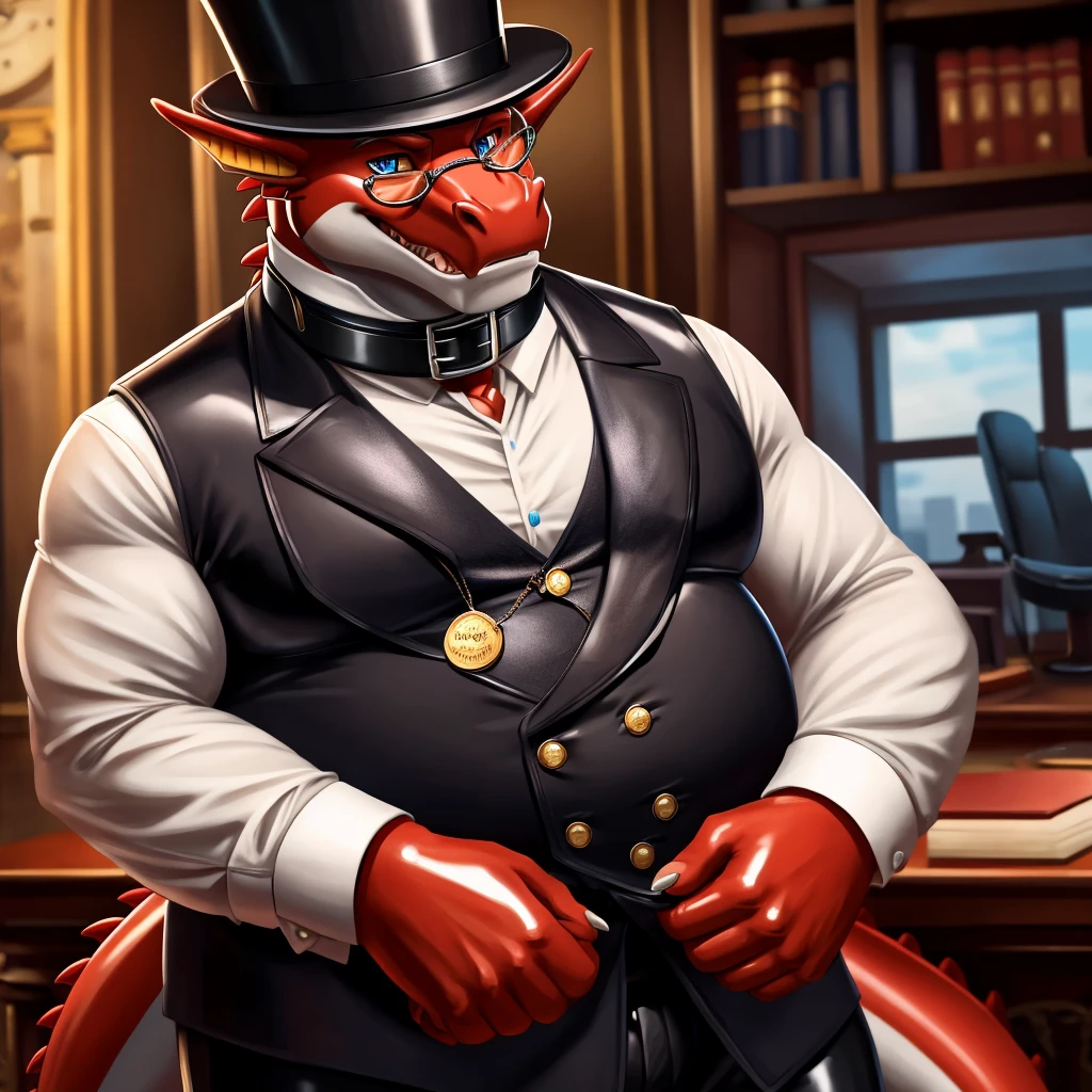 Solo, Male, fat, extremely obese, gentleman, dapper Professor Dragon, blue eyes, (posing:1.3), (soft shading), 4k, hi res, ((detailed face, detailed)), looking at viewer, mouth wide open, steampunk, dapper clothing, collared shirt with buttons, top hat, male focus, Explorer Outfit, glasses, monocle, vest with buttons, sleeves rolled up, round eyewear, brown headwear, brown vest, office, Dragon is wearing a glossy leather dog collar around the neck, Dragon is wearing the leather collar and shirt and vest at the same time, Dragon is wearing glossy white rubber gloves on the hands, wearing white rubber gloves on the feet, gloves are rubber in texture, clenching teeth, clenching fists, leather collar is glossy and shiny with a lot of detail, Dragon is wearing gloves and leather collar at the same time, leather collar has a round dog-tag, leather collar is thick and detailed, leather collar is glossy and shiny, fancy clothing, dapper vest, dapper shirt, leather collar is thick, glossy leather collar, Dragon is getting dressed in his dapper vest putting on his dapper leather collar.