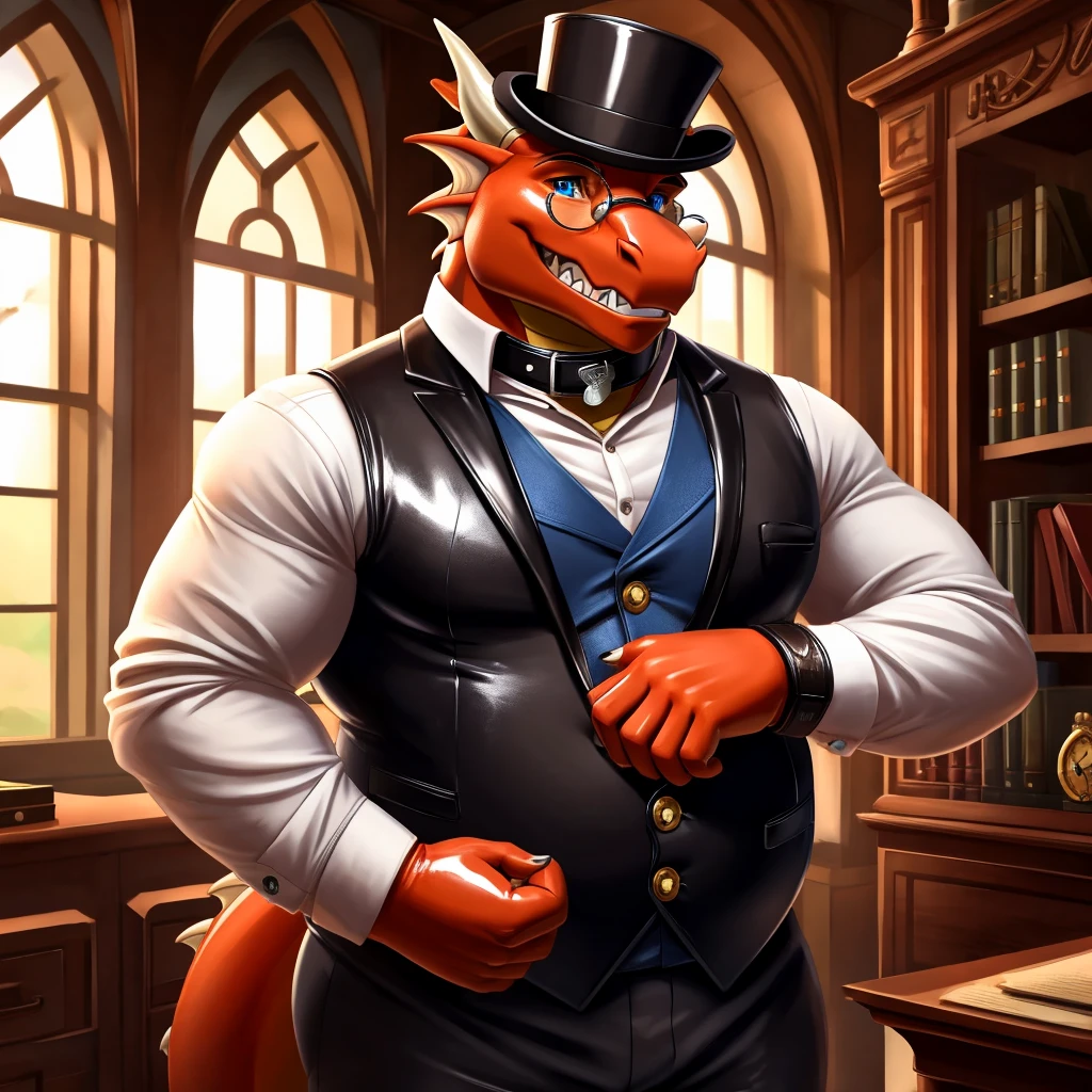 Solo, Male, fat, extremely obese, gentleman, dapper Professor Dragon, blue eyes, (posing:1.3), (soft shading), 4k, hi res, ((detailed face, detailed)), looking at viewer, mouth wide open, steampunk, dapper clothing, collared shirt with buttons, top hat, male focus, Explorer Outfit, glasses, monocle, vest with buttons, sleeves rolled up, round eyewear, brown headwear, brown vest, office, Dragon is wearing a glossy leather dog collar around the neck, Dragon is wearing the leather collar and shirt and vest at the same time, Dragon is wearing glossy white rubber gloves on the hands, wearing white rubber gloves on the feet, gloves are rubber in texture, clenching teeth, clenching fists, leather collar is glossy and shiny with a lot of detail, Dragon is wearing gloves and leather collar at the same time, leather collar has a round dog-tag, leather collar is thick and detailed, leather collar is glossy and shiny, fancy clothing, dapper vest, dapper shirt, leather collar is thick, glossy leather collar, Dragon is getting dressed in his dapper vest putting on his dapper leather collar.