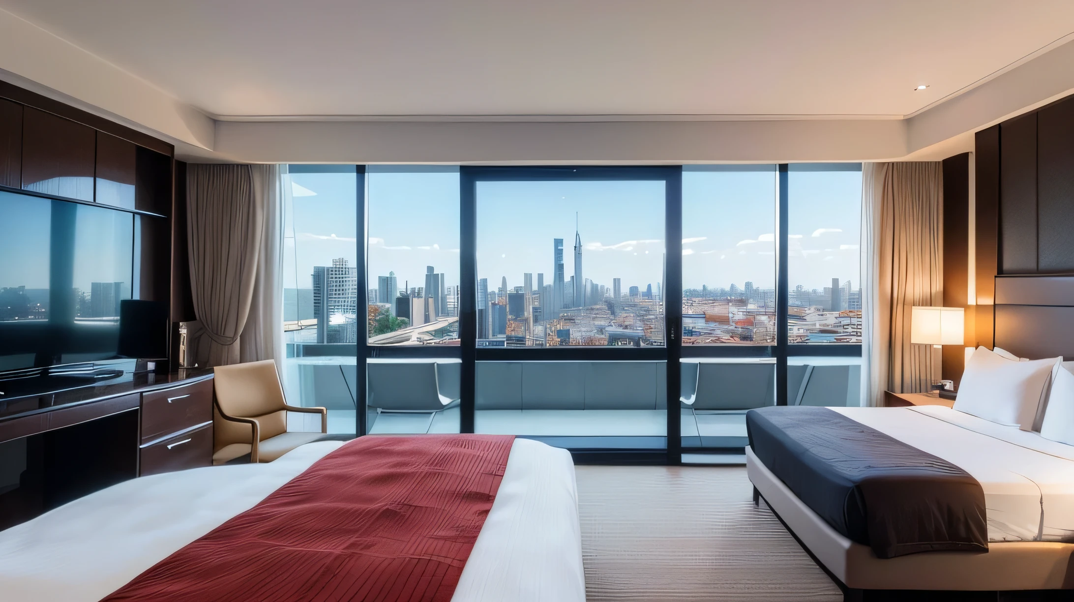 Image of a deluxe suite featuring a panoramic view of the city, spacious space, and luxurious interior