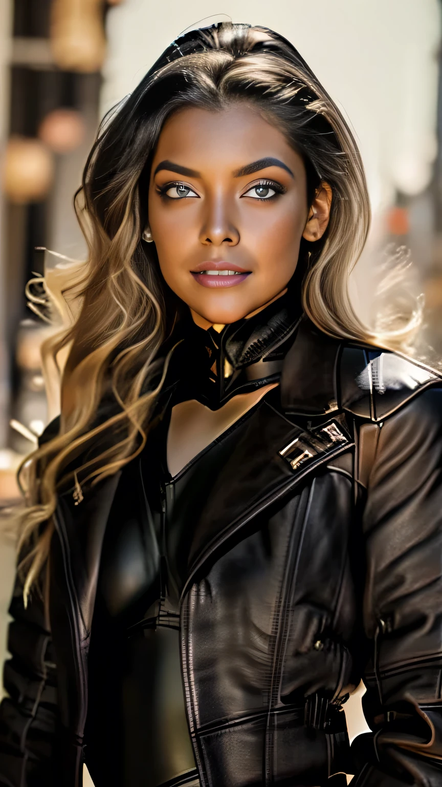 Long curly dark blonde hair, Gorgeous eyes, Detailed body、Detailed face、Detailed eyes、Detailed eyebrows、Captivating look, The line of sight is this、Big Tits, Cleavage, (Black leather jacket, Black leather leotard:1.5), Black high leg leotard, Stiletto heels, Modern metropolis Paris France neon signs background at midnight, Spot lighting, Hair backlight, Shallow depth of field, Bokeh, ((Pause_random))、masterpiece, 最high quality, high quality, High resolution, ((Upper body portrait))