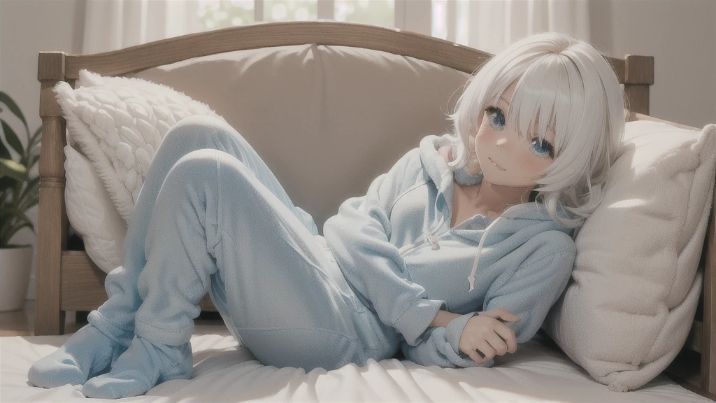 An anime image of a small boy with white hair wearing a thick diaper underneath fox hoodie-footie pjs, hoodie-footie pjs, (sleeping in a crib), nursery, ((1boy)), solo, adorable, masterpiece, extremely detailed, beautiful eyes, sharp focus, vivid colors, studio lighting, intricate details, soft textures, cozy atmosphere, high quality, hood down,
