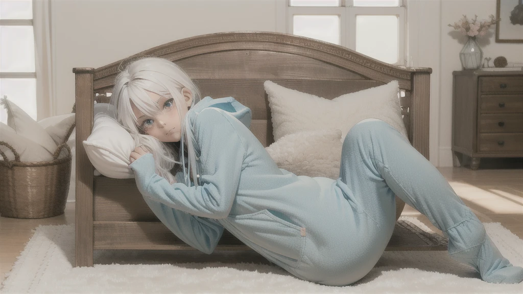 An anime image of a  boy with white hair wearing a thick diaper underneath fox hoodie-footie pjs, hoodie-footie pjs, (sleeping in a crib), nursery, ((1boy)), solo, adorable, masterpiece, extremely detailed, beautiful eyes, sharp focus, vivid colors, studio lighting, intricate details, soft textures, cozy atmosphere, high quality, hood down,
