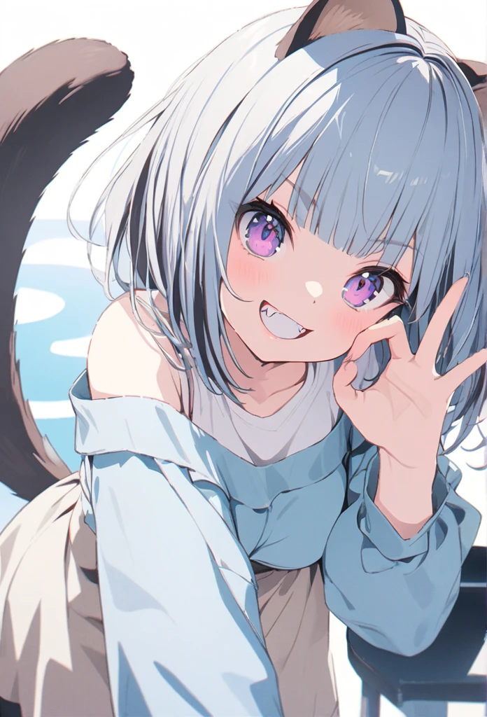 (best quarity,ultra detailed,ultra-high-resolution, absolutely resolution,8k, masterpiece),anime,(pale colors:1.8),long shot, 1girl, solo, cat mouth, dynamic angle, OK sign, grin, smile, opened mouth, fang, blue hair, bobcut, straight hair, racoon ears, racoon tail, (brown streaked hair:1.3), (blunt bangs) ,thick eyebrows, big breast, off shoulder clothes, cutout, striped and heart background, shadow,