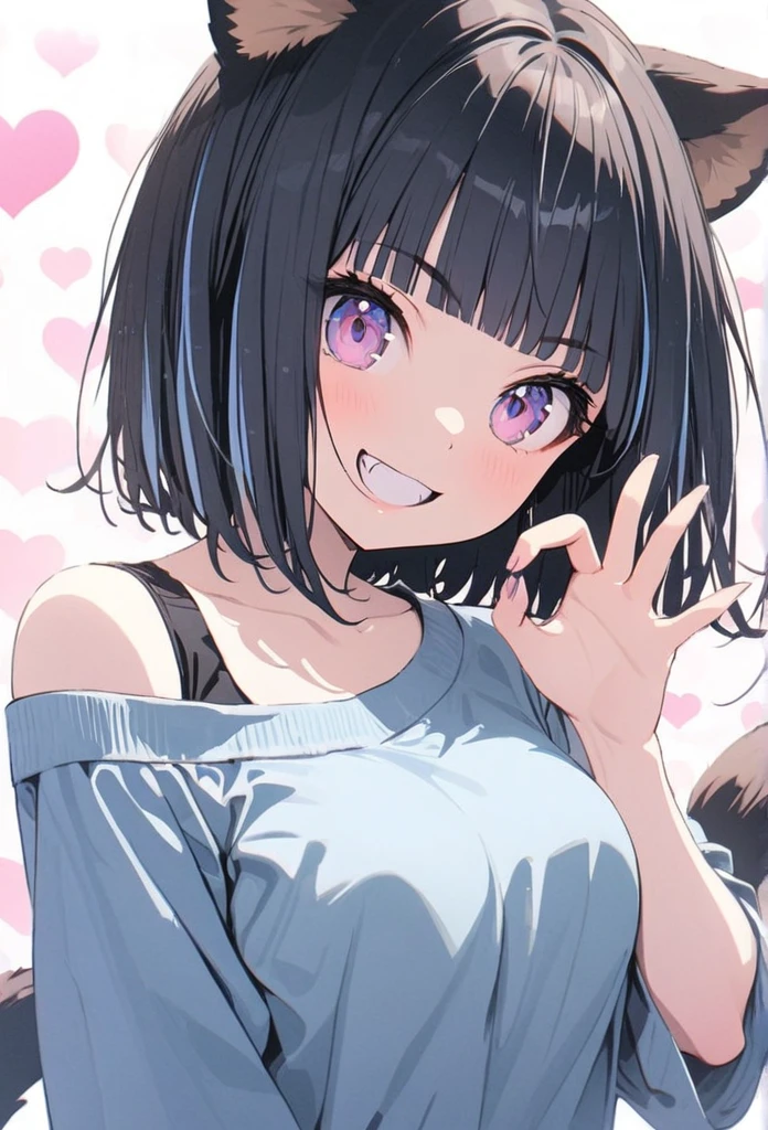(best quarity,ultra detailed,ultra-high-resolution, absolutely resolution,8k, masterpiece),anime,(pale colors:1.8),long shot, 1girl, solo, cat mouth, dynamic angle, OK sign, grin, smile, opened mouth, fang, blue hair, bobcut, straight hair, racoon ears, racoon tail, (brown streaked hair:1.3), (blunt bangs) ,thick eyebrows, big breast, off shoulder clothes, cutout, striped and heart background, shadow,