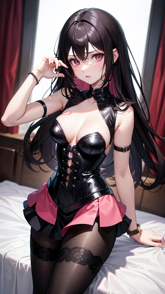 An anime woman 25 years old, medium wavy black hair, pink eyes, medium chest, wearing a sexy black lace corset, short black skirt and long black stockings, posing in his room