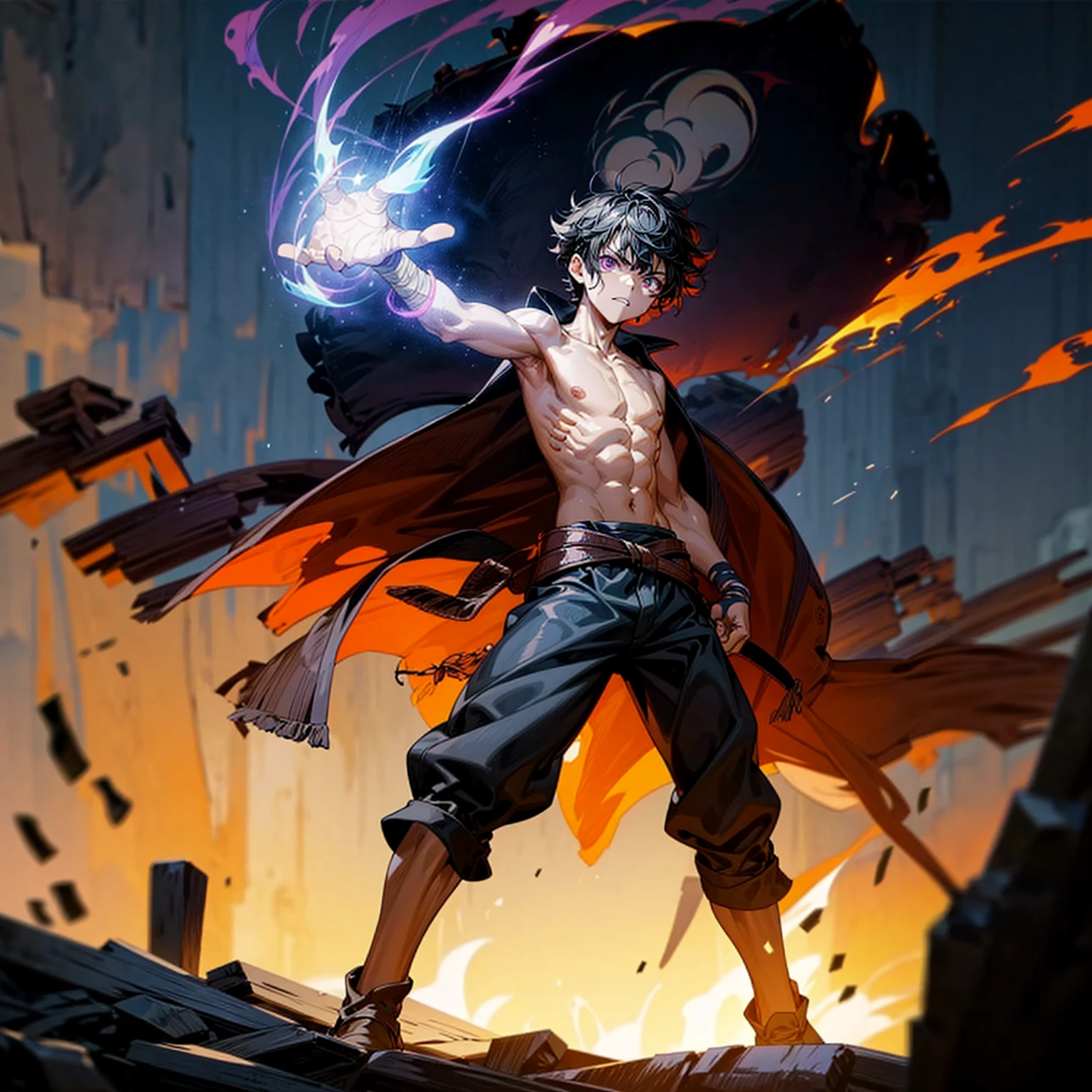 1boy, muscle, Full body version, 1character, purple eyes, short haircut, angry eyes, black color hair, topless, pirate cloak coat, long boots, Grassroots, full background in field town, motion blur, lighting, (one piece art), standing gesture, bandage, smoke effect, big fire burning in hand, plasma effect, Flames in the sky, light fire effect on hand,