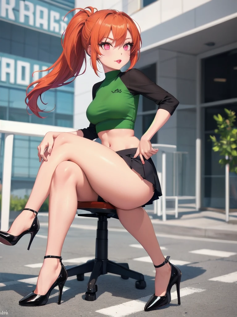  wide hips, thighs, Vicky, ponytail, lipstick, midriff, 1girl, green crop top, pink eyes, pleated mini skirt, orange hair ,solo girl, sitting, crossing legs, high heels