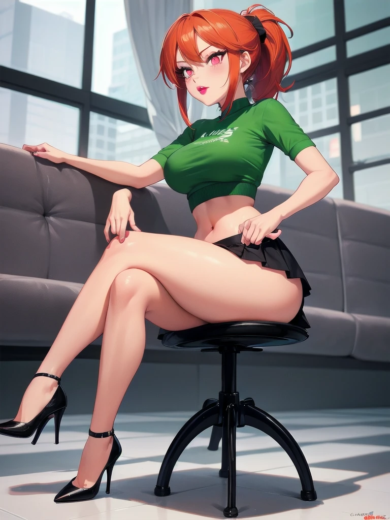 wide hips, thighs, Vicky, ponytail, lipstick, midriff, 1girl, green crop top, pink eyes, pleated mini skirt, orange hair ,solo girl, sitting, crossing legs, high heels