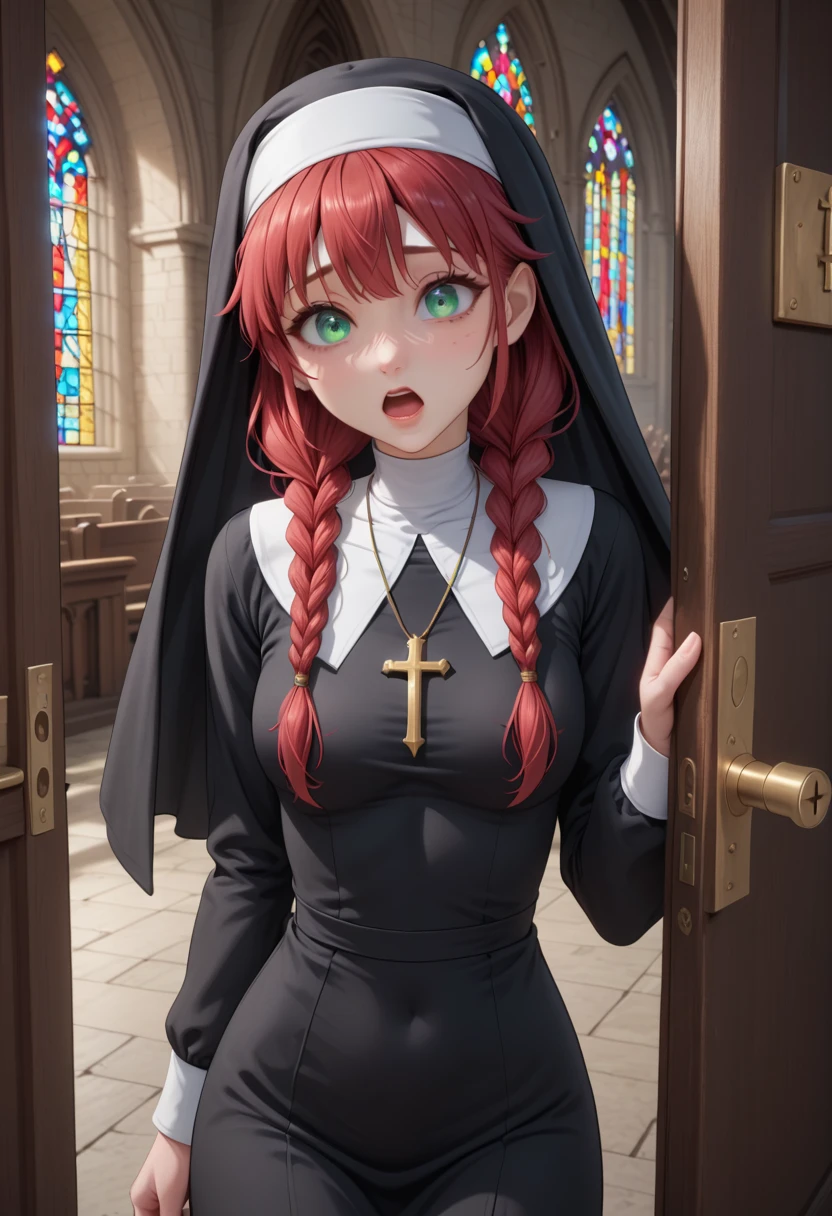 1girl, doorway, mouth open, cute, curious, calling, talking, beautiful, perfect eyes, gentle eyes, red hair, long braids, bangs, green eyes, little breasts, nun, nun clothes, nun hat, church, masterpiece quality, ultra HD, 4K, best quality