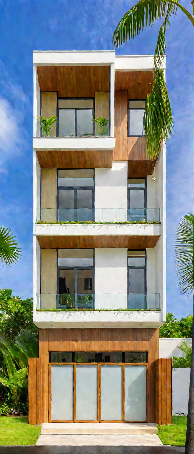 A hyper-realistic image of a modern house with a minimalist design, featuring a combination of wood and white materials. The house has a flat roof, large glass windows, and a balcony with a glass railing. The entrance is flanked by lush greenery and palm trees. There is a wooden gate in front and the garden includes various tropical plants. The overall ambiance is serene and contemporary, with detailed textures and realistic lighting, shadows, and reflections. The colors are vibrant and true to life, showcasing the natural beauty of the materials and the surrounding environment. Additionally, the house is surrounded by a well-maintained garden with various tropical plants and flowers, a clean street with a sidewalk, and a modern urban setting.