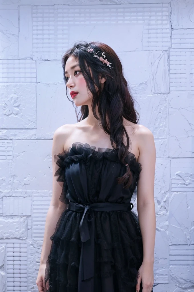 (Highest quality, Very detailed, masterpiece:1.2), 1 female, Very thin body, length, Thin legs, ((Black wavy short hair:1.2)), ((Thick and fluffy bangs)), Very detailedな顔,A faint smile, small, Thin Nose, small thin mouth, Extremely sharply focused eyes, Japanese, Beautiful Face, Realistic eyes, Beautiful and beautiful eyes, Realistic Skin, Beautiful Skin, charm, (Lively Faces), Beautiful Hairstyles,((Victorian Mini Dress)), Gothic design, Creepy and unique hairstyles, High resolution, Vibrant color palette, Turn around、arching the back、Panty shot、Shot from below、