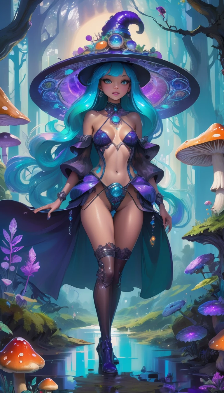 Whole body, in the wonderful and mysterious (bioluminescent mushroom forest:1.3) a beautiful young witch with (multicolored blue fur:1.1) (with purple reflections:1.3) and a figure is gathering ingredients while (small bugs with iridescent scales:1.2) look at her with curiosity, (Exotic lace costume with detailed ornate decorations, steering wheels:1.3), blue-green eyes, thigh high boots, fantasy style, Vintage style, Beautiful expressive eyes, shiny skin, dynamic pose, (camel toe:1.1), (smile:1.1), Rays of moonlight, dramatic lighting, smoky eyes, small and perky breasts, hourglass figure, narrow waist, perfect hands, good hands, Bold lines, masterpiece, Best Quality