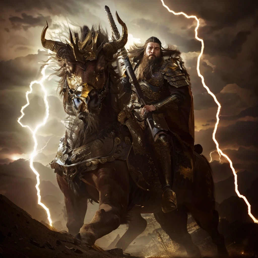 there is a man riding a qilin, Chinese warrior, lightning background, armour, gold luxurious armour, 3 eyes, long hair, long beard