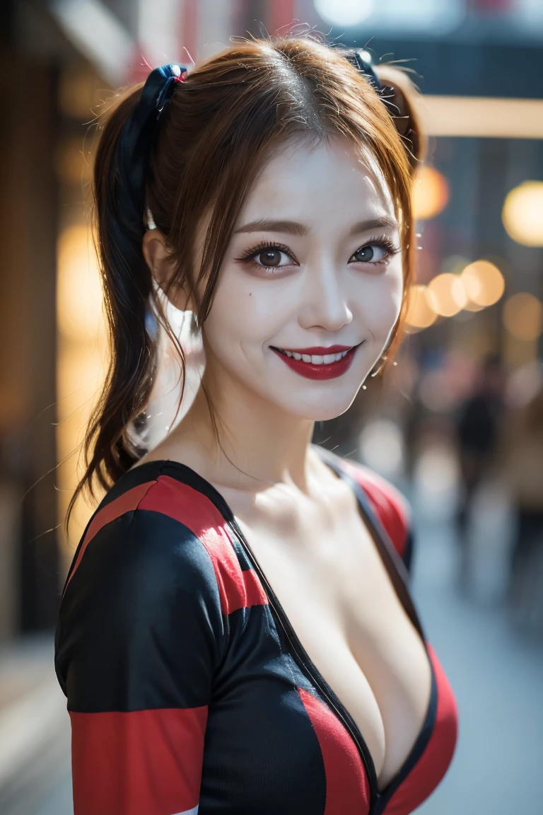 Harley Quinn Harley Quinn Makeup, Highest quality, shape, Very detailed, In detail, High resolution, 8k wallpaper, Perfect dynamic composition, Beautiful details, Natural Lip, Sexy Harley Quinn, Big Breasts, Cleavage, She is smiling in a cute pose.., A masterpiece of the whole body, Side Short