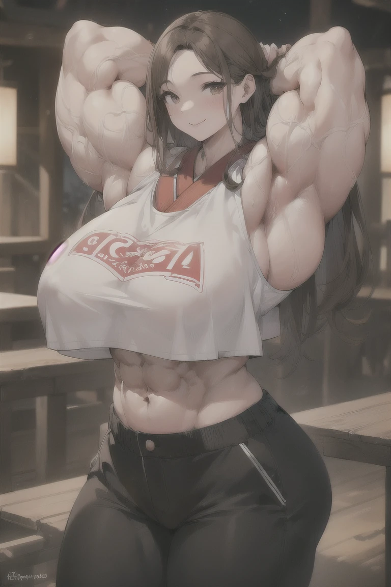 (Best quality,masterpiece,ultra detailed,8K,RAW photo,realistic,high resolution:1.2),(Pretty Japanese girl),(Super huge tits:1.4),(light brown hair),(crop top,pants:1.4),(muscular:1.6),(shoulder length),(light smile),(huge arms:1.5)