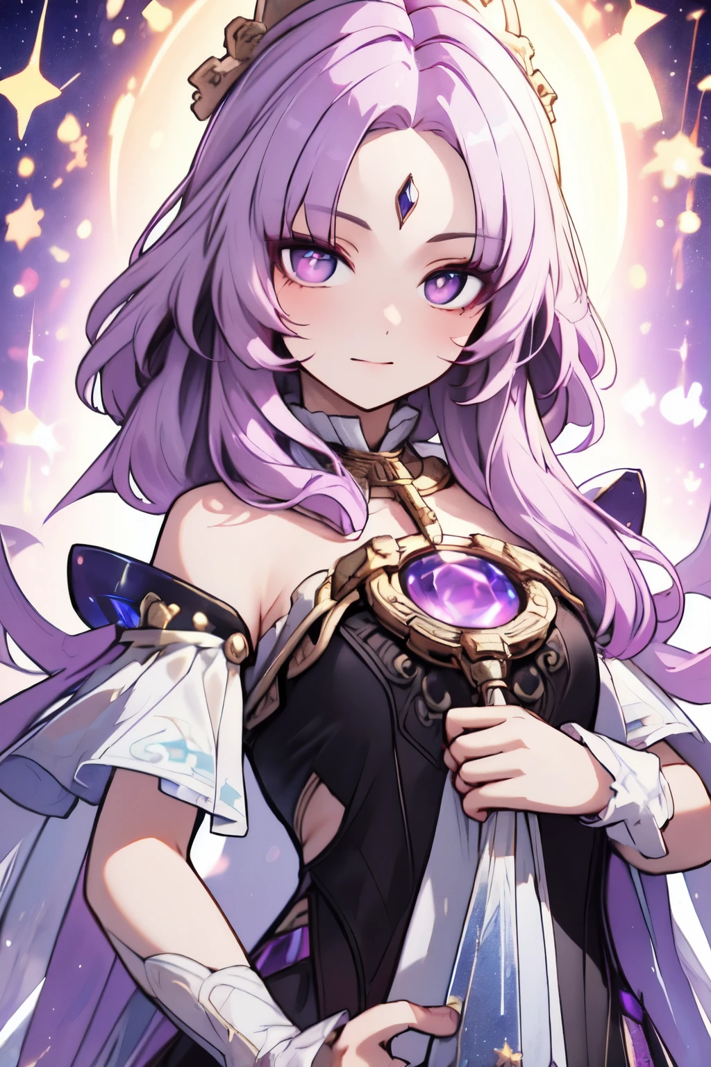 ((best quality)), ((masterpiece)), (detailed), detailed eyes, detailed hands, body image from chest to above her head, humanoid kitsune, starry crystal crown on top of head, light purple hair, light purple fox ears, starry eight-point crystal star on forehead, delicate and beautiful detailing, beautiful face, well-proportioned detailed eyes, round detailed eyes and makeup, beautiful detailed and clear eyes, volume smooth and sharp, long flat bangs, fictional art, best photos, best quality, best photos, very beautiful and meticulous starry eight-point crystal star shape on forehead, delicate, mouth closed smile, not fully smiling, starry background