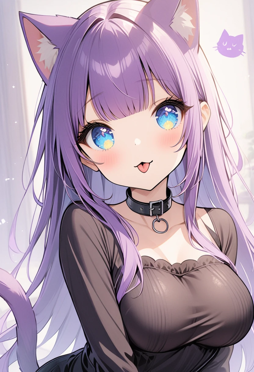 1girl, Blue eyes, Long Hair, Bangs, Purple Hair, Breasts, black collar, cat ears, purple cat tail, black clothes, tongue out