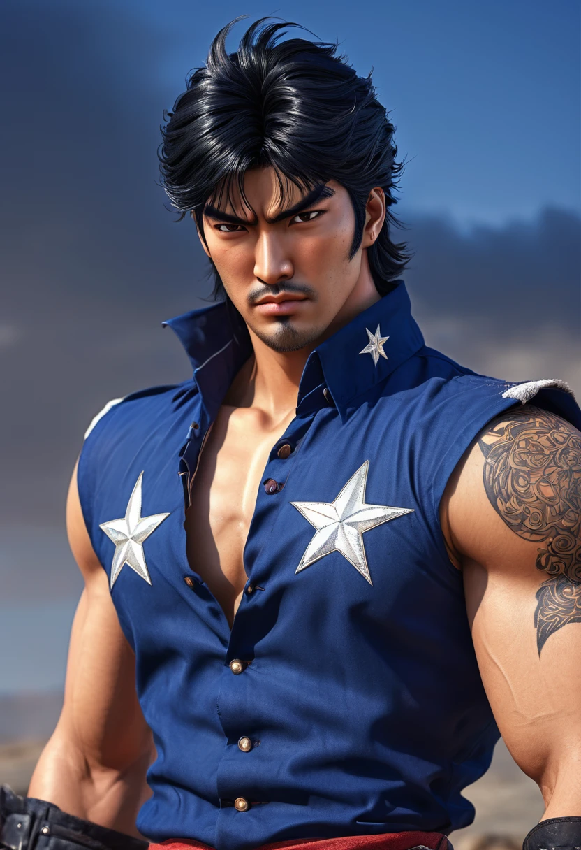 Kenshiro (Ken Shiro) dressed in his traditional outfit, detailed facial features, expressive eyes and lips, strong and determined expression, short spiky black hair, wearing his iconic tattered and sleeveless dark blue shirt with the distinctive seven stars of Hokuto tattooed prominently on his chest, dark shoulder pads, high leather boots, and a ripped belt, dynamic action pose, standing or preparing to deliver a powerful strike in a desolate wasteland, intense atmosphere, comic book style, cell shading effect, vibrant colors, contrasting blue, black, and red tones, dramatic lighting (best quality, highres), emphasis on shadows and highlights, crisp details and textures, HD rendering, perfectly rendered muscles and clothing, meticulously drawn facial expressions, particular attention to his piercing eyes and the seven stars on his chest, conveying his strength, resilience, and legendary status.