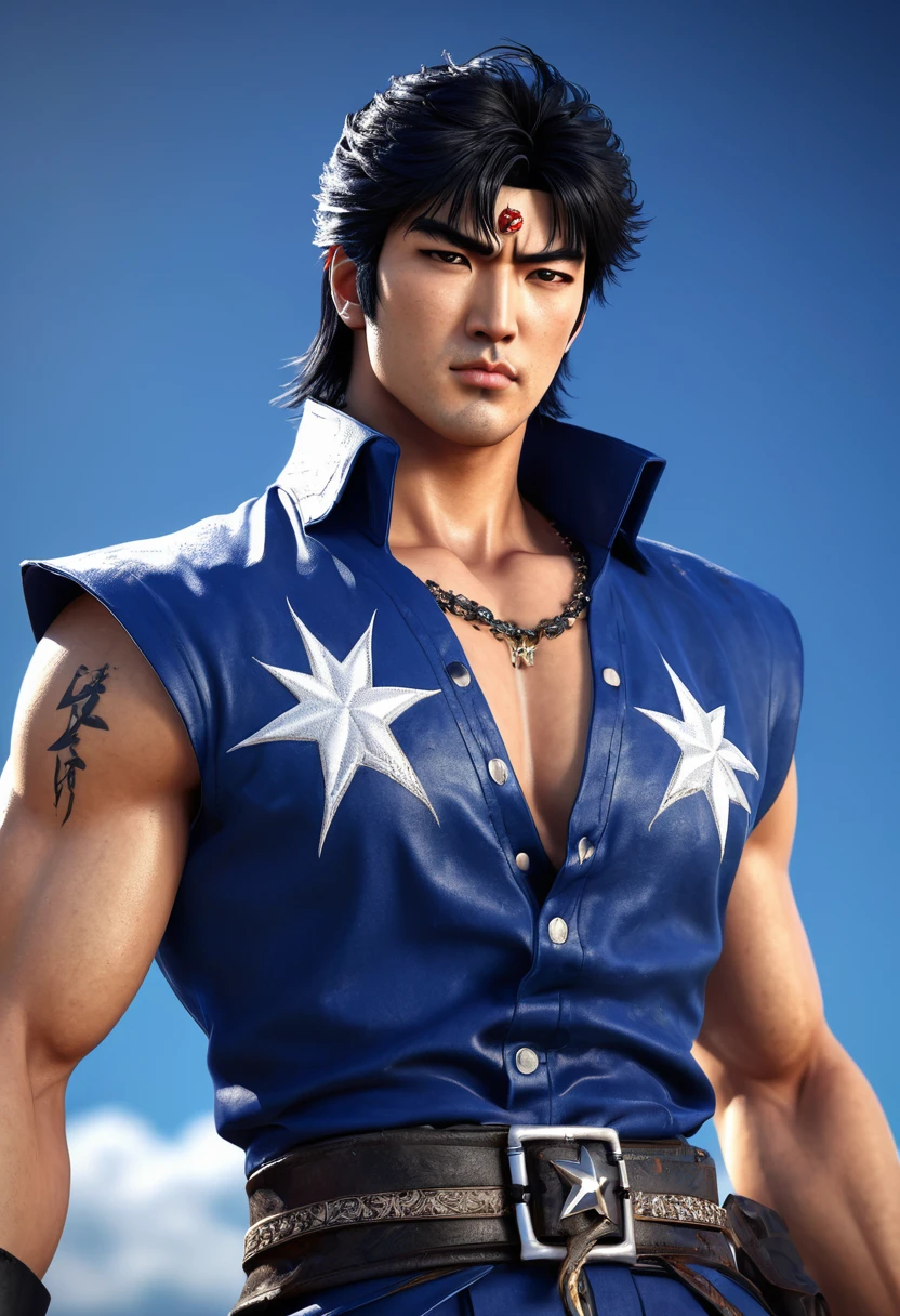 Kenshiro (Ken Shiro) dressed in his traditional outfit, detailed facial features, expressive eyes and lips, strong and determined expression, short spiky black hair, wearing his iconic tattered and sleeveless dark blue shirt with the distinctive seven stars of Hokuto tattooed prominently on his chest, dark shoulder pads, high leather boots, and a ripped belt, dynamic action pose, standing or preparing to deliver a powerful strike in a desolate wasteland, intense atmosphere, comic book style, cell shading effect, vibrant colors, contrasting blue, black, and red tones, dramatic lighting (best quality, highres), emphasis on shadows and highlights, crisp details and textures, HD rendering, perfectly rendered muscles and clothing, meticulously drawn facial expressions, particular attention to his piercing eyes and the seven stars on his chest, conveying his strength, resilience, and legendary status.