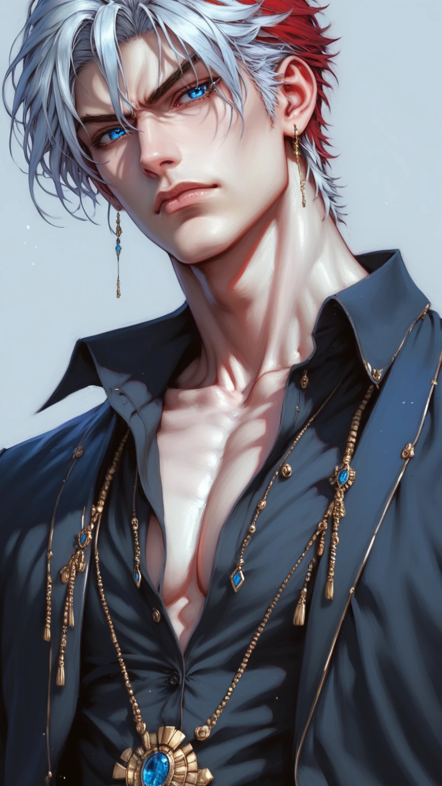 absurdities, High resolution, ultra detailed, HdR, masterpiece, Extremely detailed face and eyes, Red hair, fringe, bushy eyebrows, White skin, serious, angry eyebrows, expressive blue eyes, straight hair, detailed eyes, LOOKING AT THE SPECTATOR, 1 man, 30 year old man, Red hair oscuro, rasgos masculines, elegant, magical clothes with golden details, masculine, sorcery clothing, archeology background, beefy chest, egyptian theme, Complete plan
